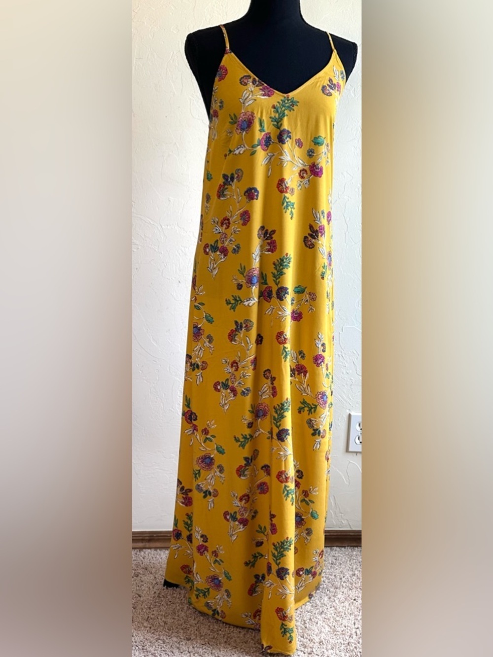 Old Navy Mustard Yellow Vibrant Floral Flowy Maxi Slip Summer Sun Dress Sz XS